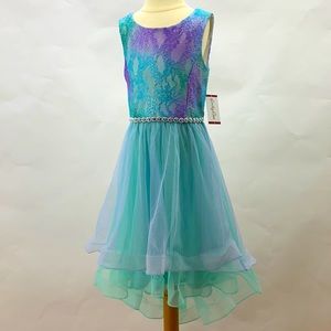 Boutique Emily Rose Hi Lo Rhinestone waistline tie ribbon back w/ zipper